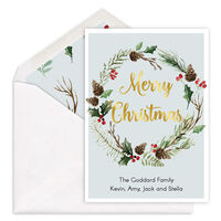 Pinecone Wreath Foil Flat Holiday Cards