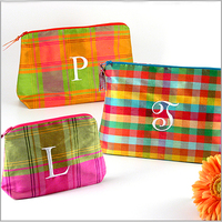 Silk Plaid Embroidered Initial Cosmetic Bag