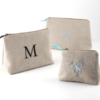 Linen Embroidered Initial Cosmetic Bag