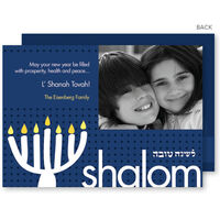 Mod White Menorah in Blue Jewish New Year Photo Cards