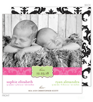 Pink Damask Twins Photo Birth Announcements