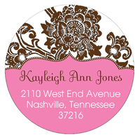 Brown Floral Pattern on White and Pink Round Address Labels