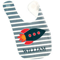 Grey and White Striped Baby Bib with Rocket Design