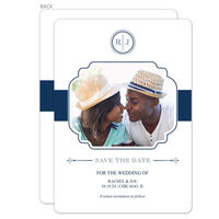 White and Navy Initial Connection Photo Save the Date Cards