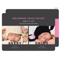 Pink Twice The Joy Twins Photo Birth Announcements