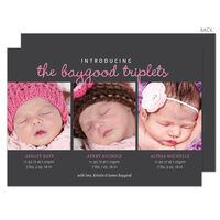 Pink and Grey Introducing Triplets Photo Birth Announcements