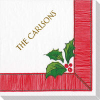 Holly Ribbon Border Beverage Caspari Napkins